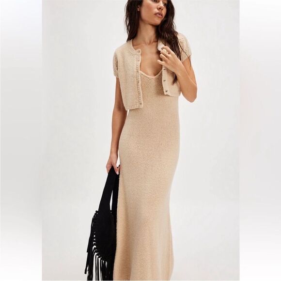 Free People Audrey Sweater Set Maxi Dress Cardigan A Line Knit Tan XS NEW NWT